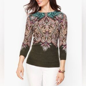 Talbots sz Small CASHMERE SWEATER Audrey Floral PAISLEY brown green crewneck